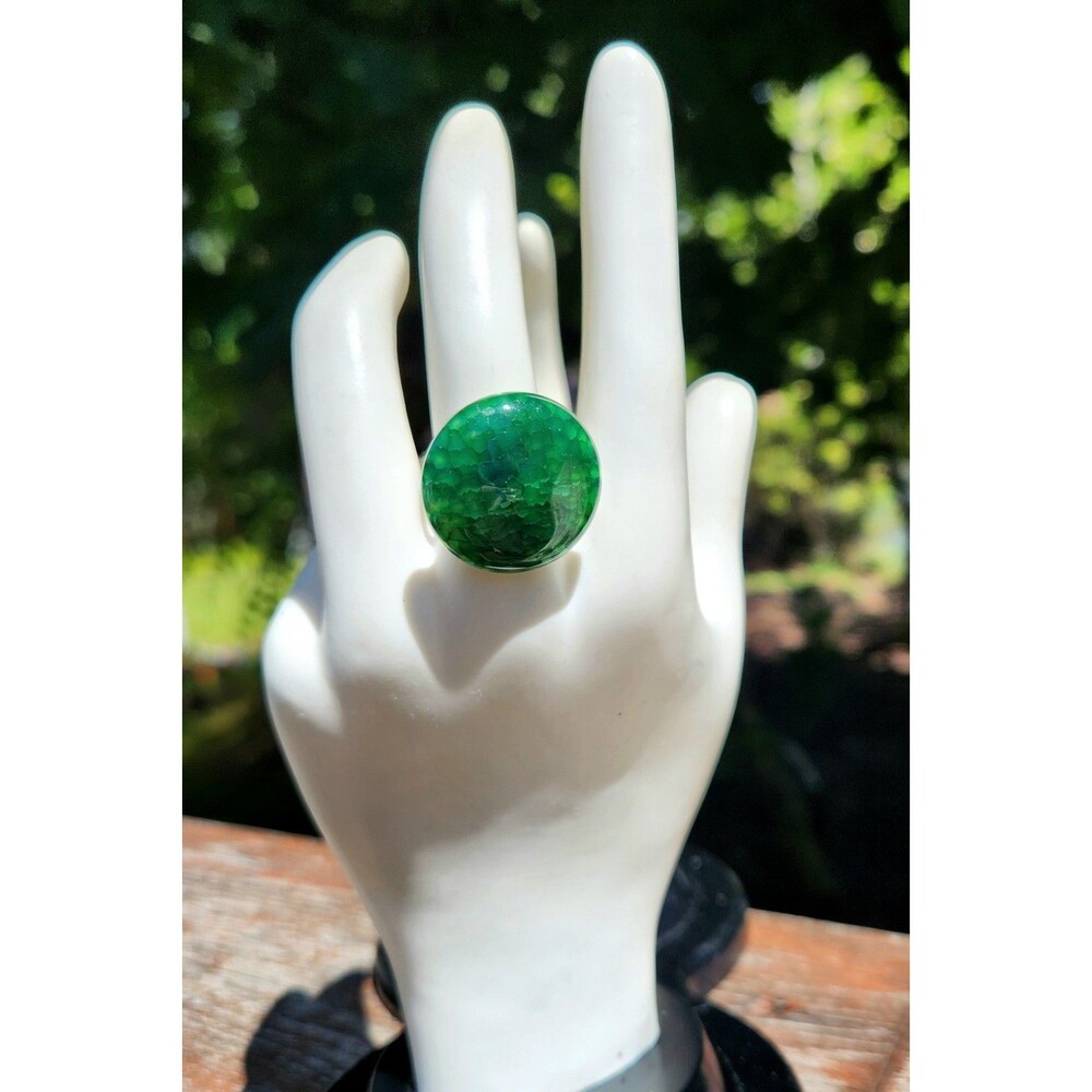 Dragon Veins Agate Stone Mushroom Cocktail Ring Green Adjustable Silverplated